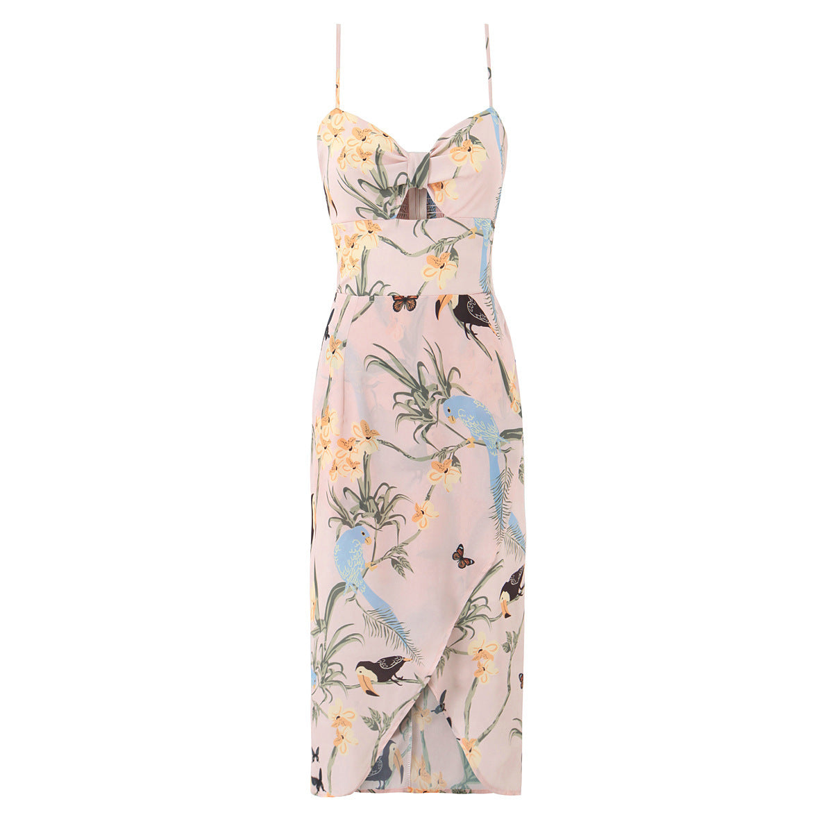 Floral print split suspender dress, long skirt