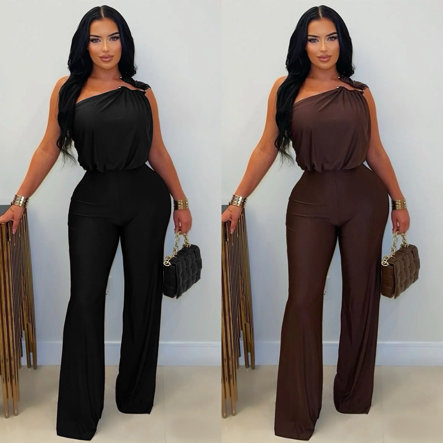 Casual Off-Shoulder Sleeveless Bodycon Wide-Leg Jumpsuit