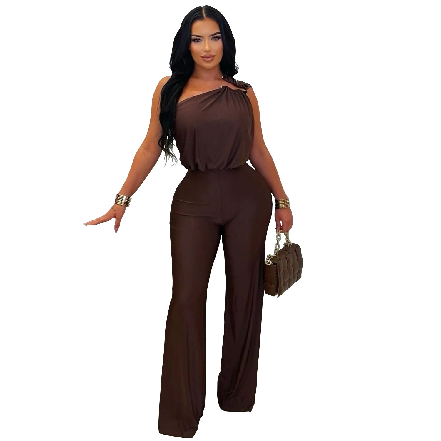 Casual Off-Shoulder Sleeveless Bodycon Wide-Leg Jumpsuit