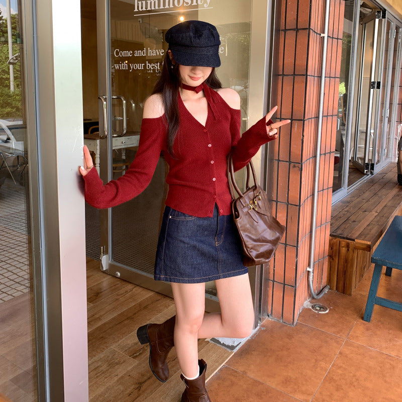 Off-Shoulder Long Sleeve Knit Top