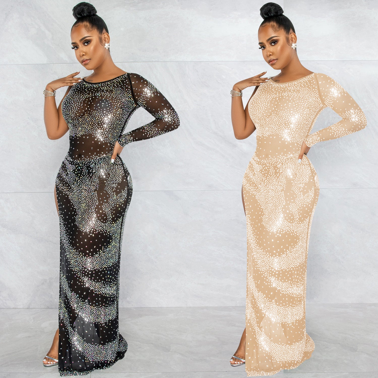 Rhinestone Long Sleeve Slit Maxi Dress