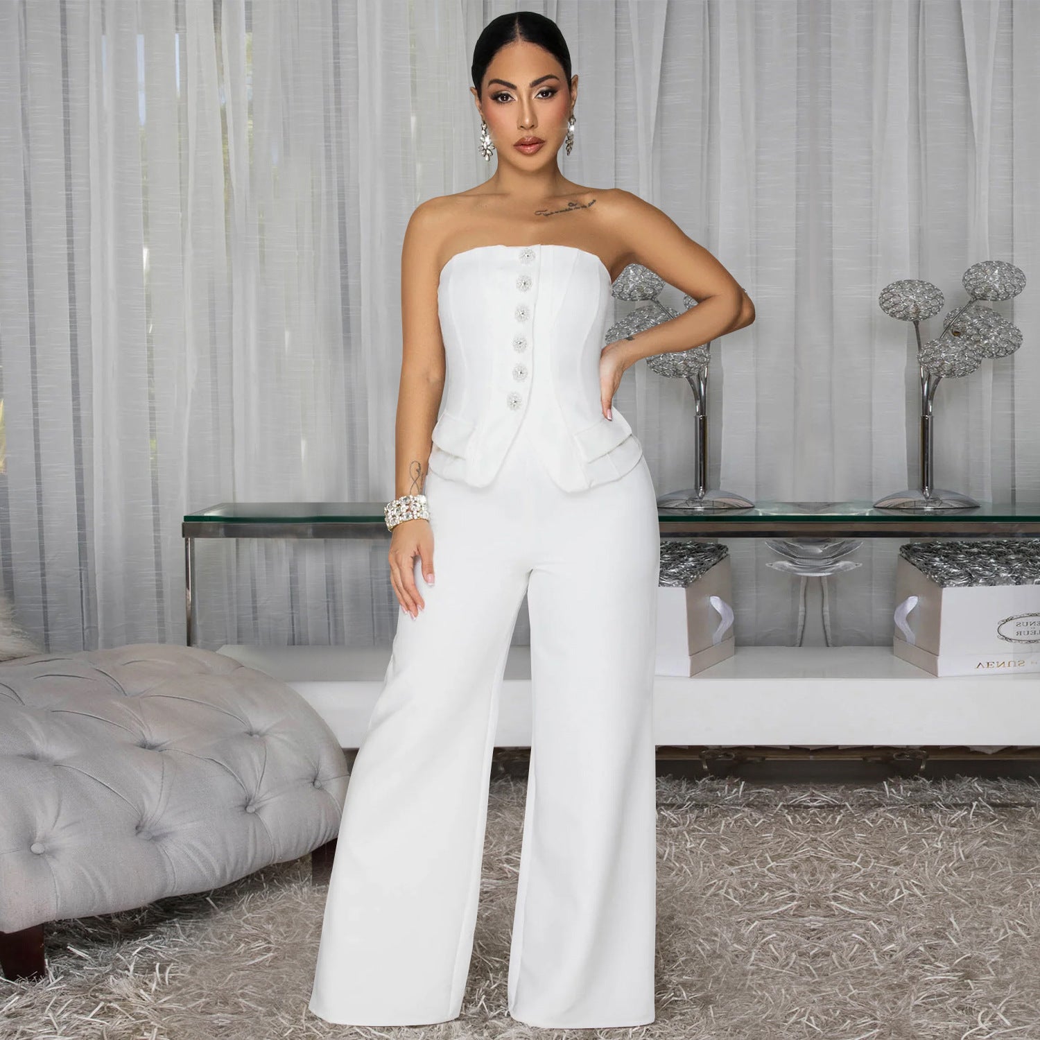 Women's Strapless Backless Casual Wide-Leg Jumpsuit