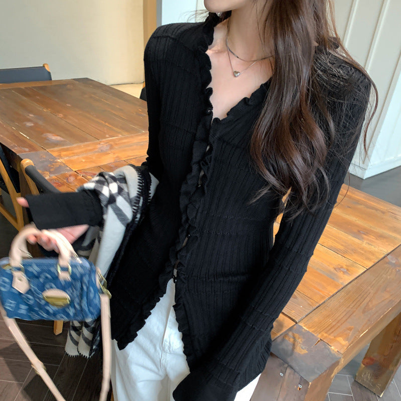 Ruffled V-Neck Long Sleeve Knit Cardigan