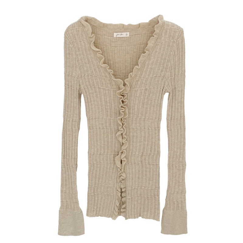 Ruffled V-Neck Long Sleeve Knit Cardigan