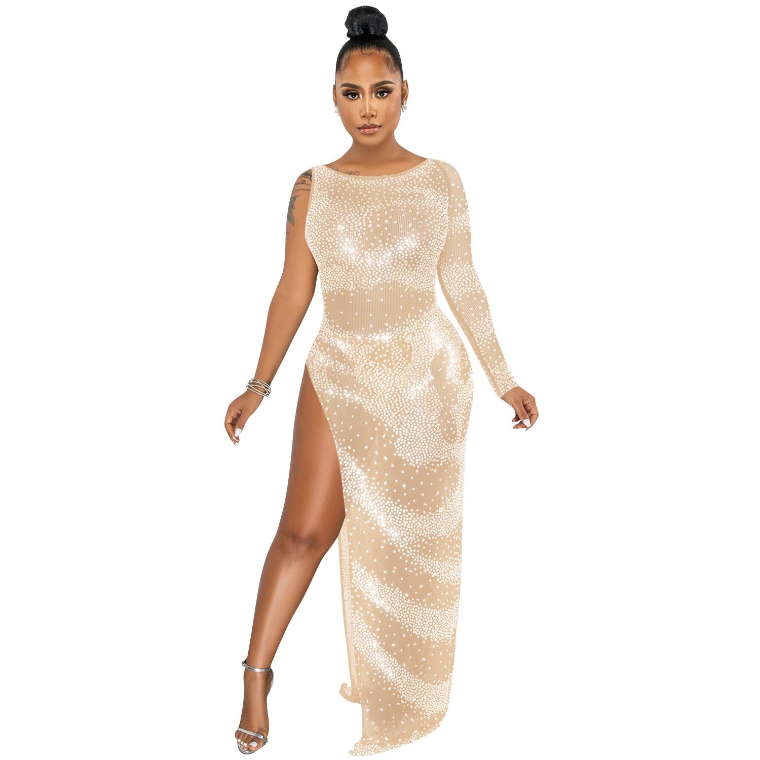 Rhinestone Long Sleeve Slit Maxi Dress