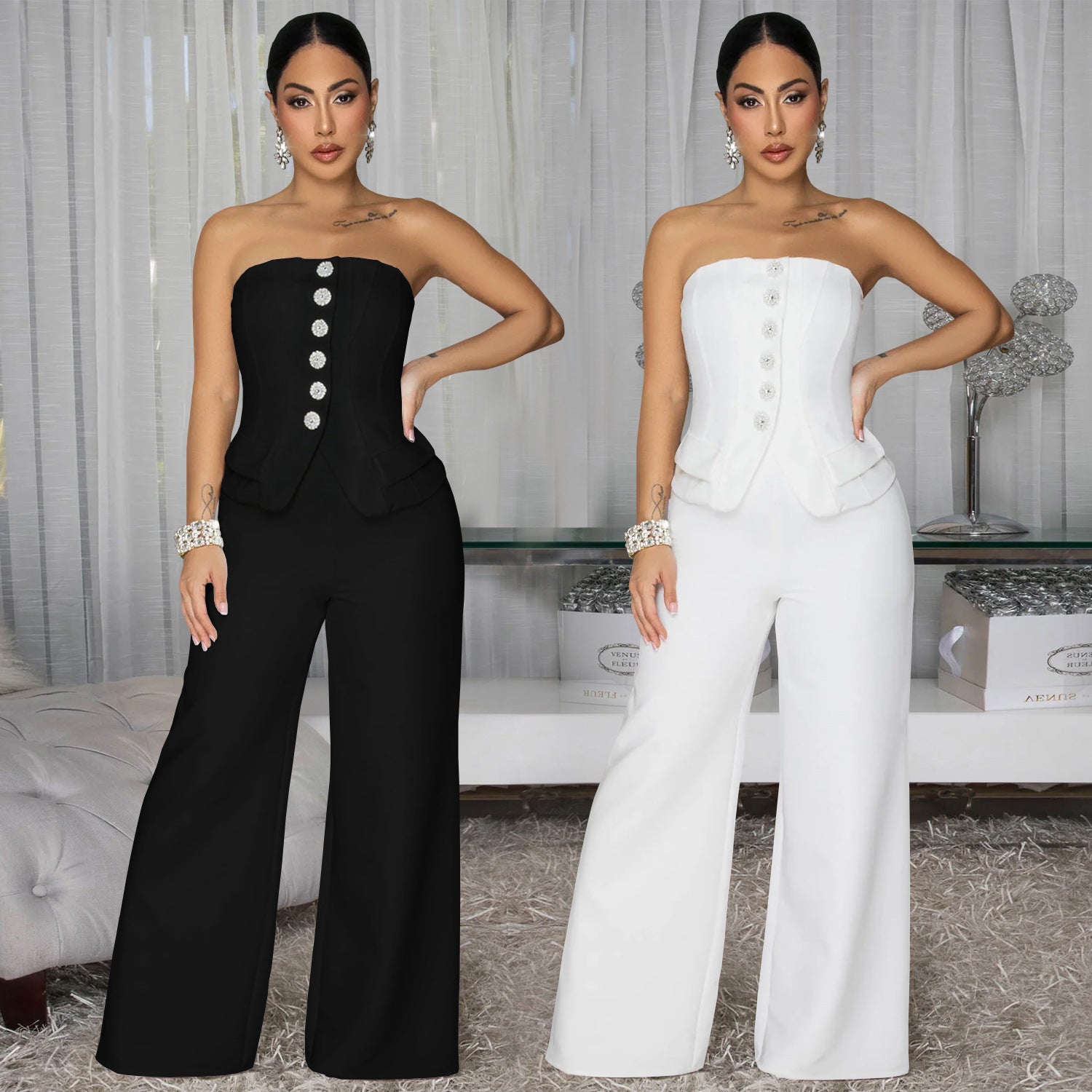 Women's Strapless Backless Casual Wide-Leg Jumpsuit