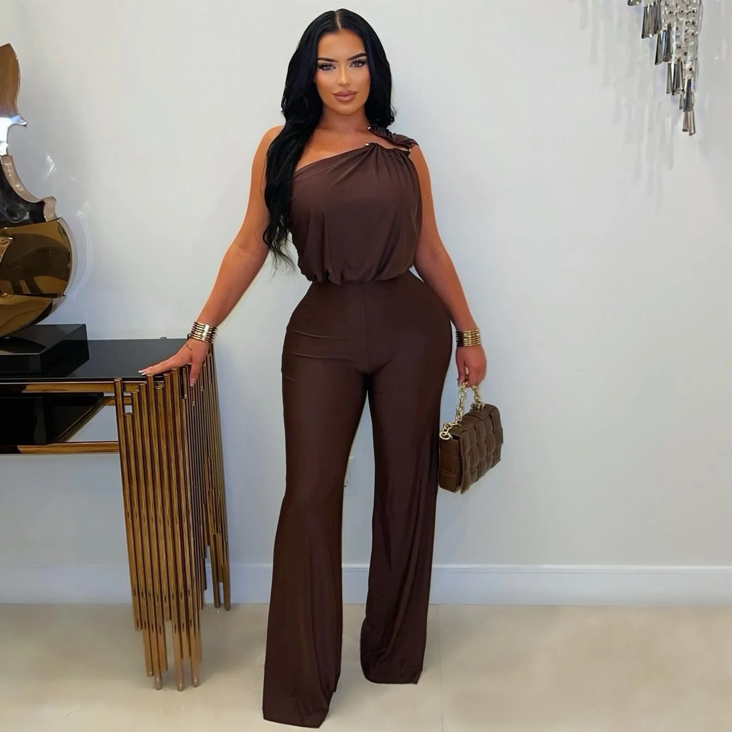 Casual Off-Shoulder Sleeveless Bodycon Wide-Leg Jumpsuit