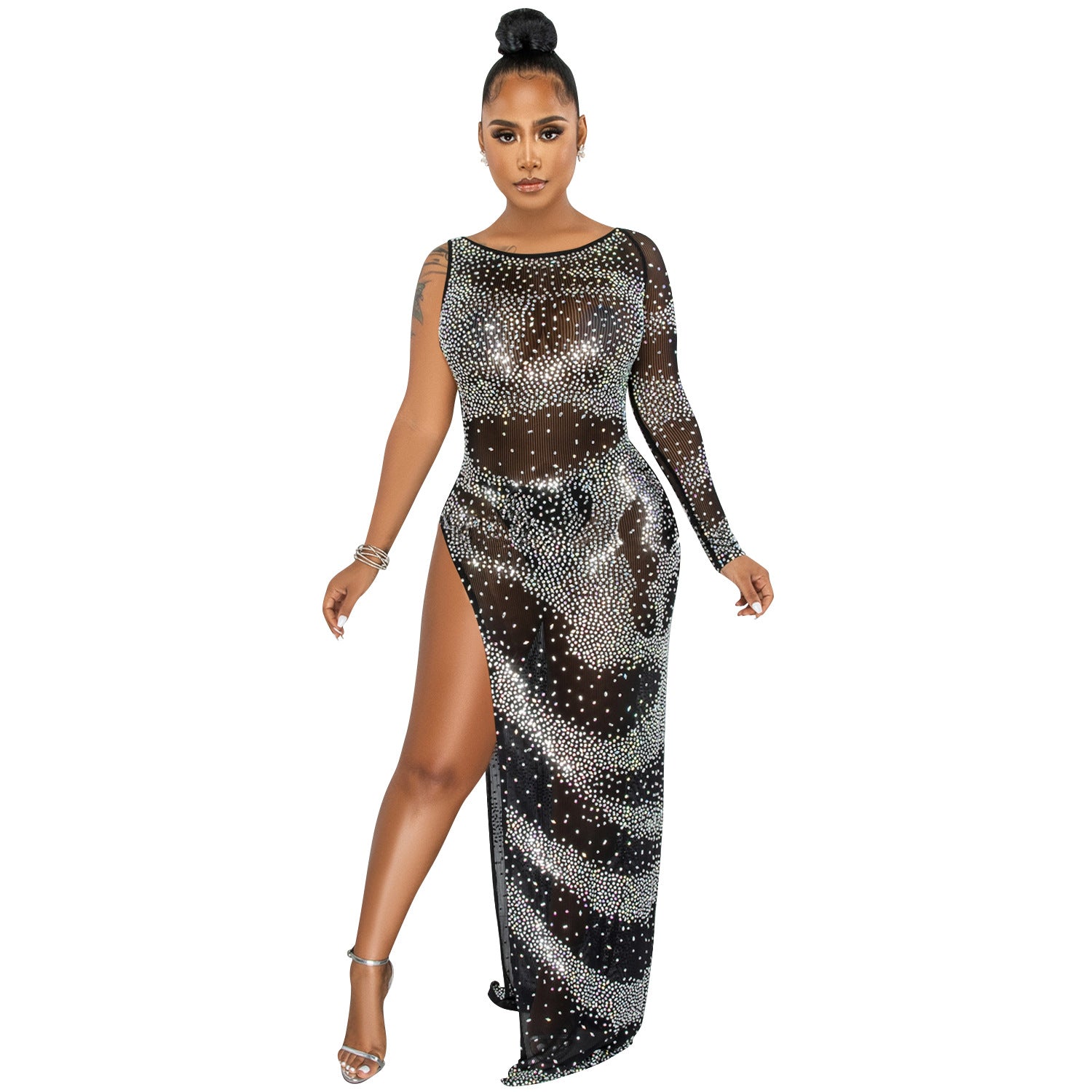 Rhinestone Long Sleeve Slit Maxi Dress