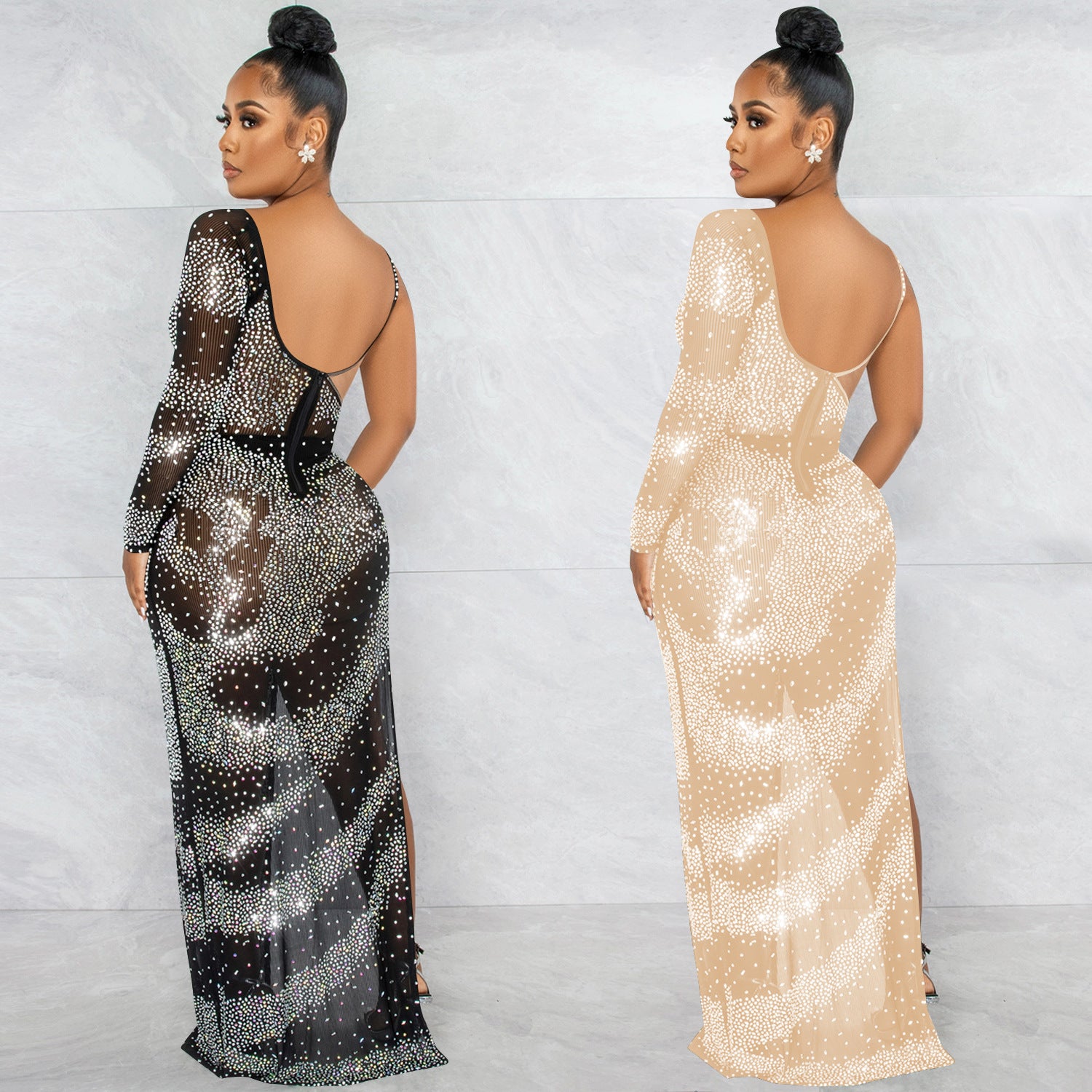 Rhinestone Long Sleeve Slit Maxi Dress