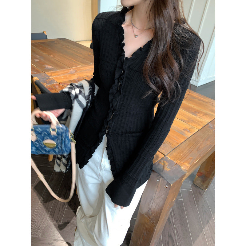 Ruffled V-Neck Long Sleeve Knit Cardigan
