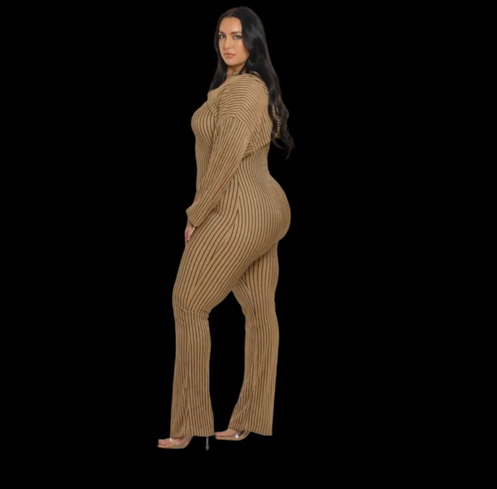 2PC Plus Size pinstripe hooded jumpsuit