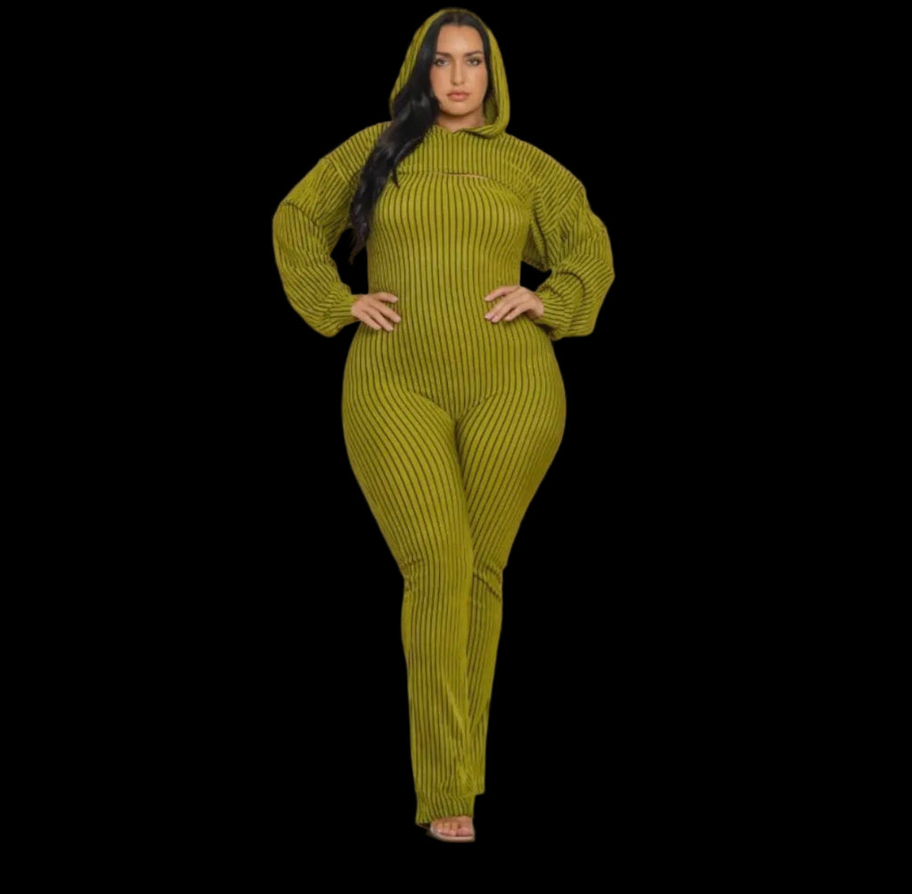 2PC Plus Size pinstripe hooded jumpsuit